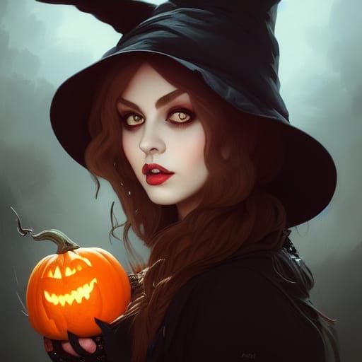 Enchanting Witch Portrait with Cat and Pumpkins