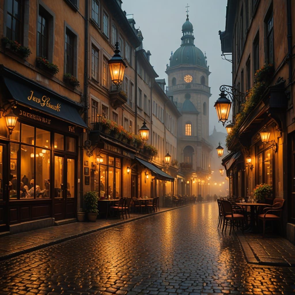 Fantasy Restaurant Scene at Night, Warm Golden Light, Cobble...