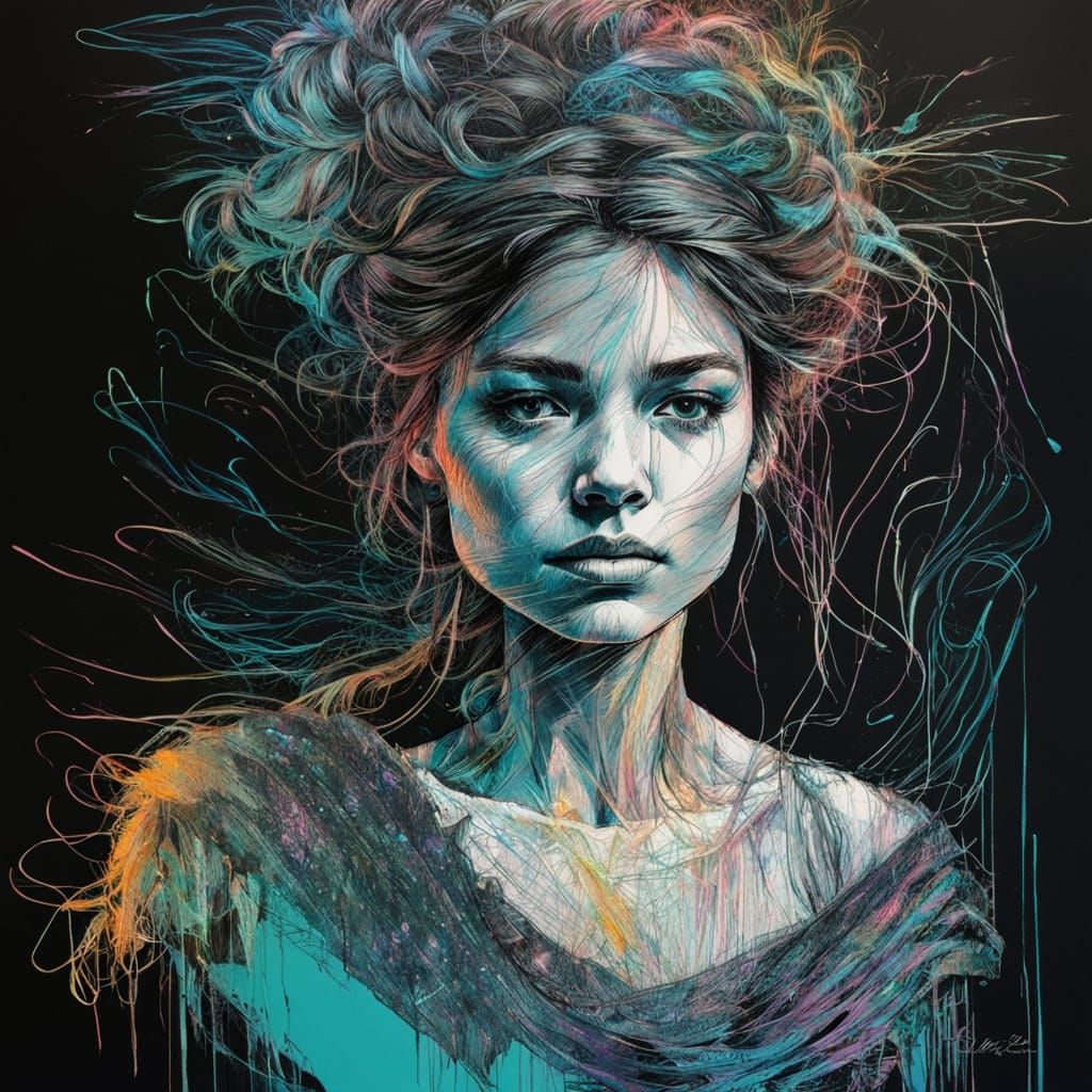 Princess Portrait in Turquoise Scratch Art Style