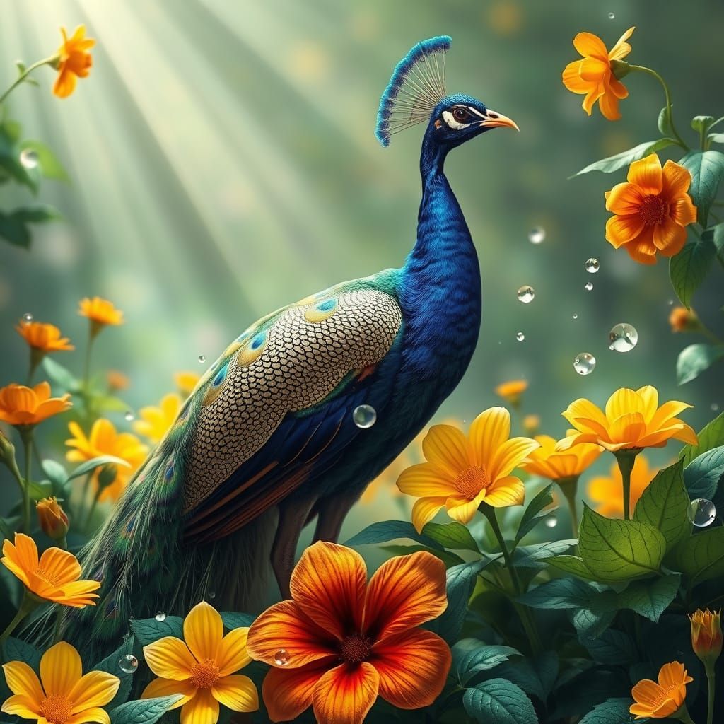 Peacock in Radiant Garden, Lush and Vibrant