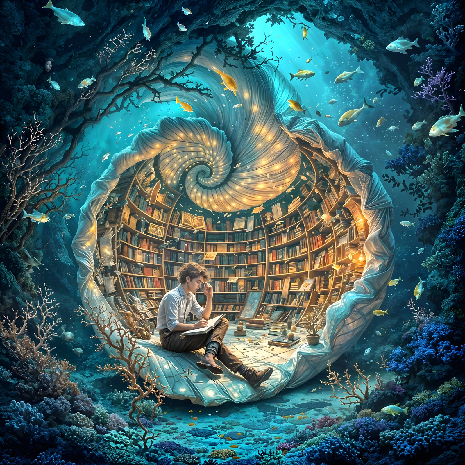 Charming Scholar in a Seashell Library