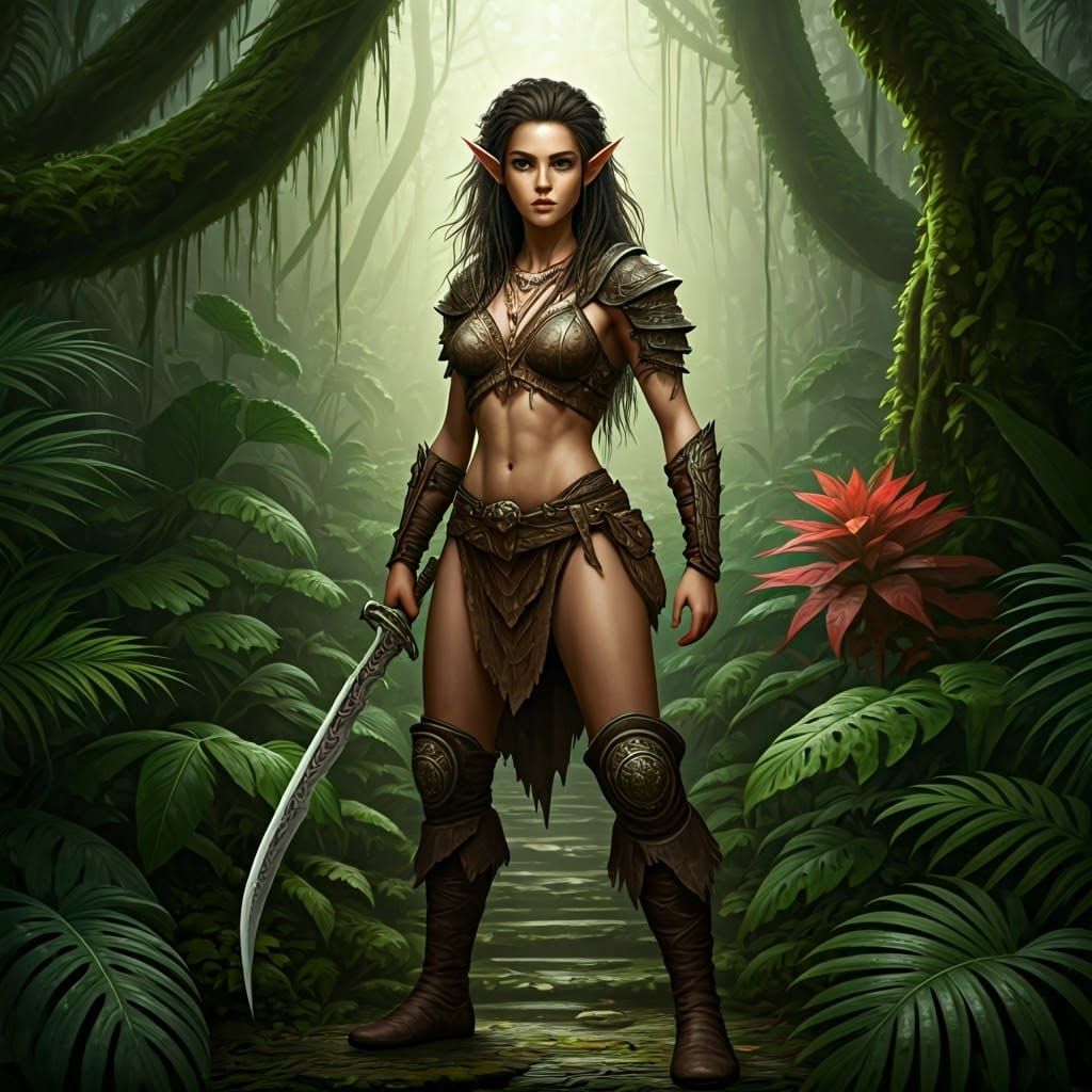 Surreal Fantasy Jungle Elf Warrior Emerges from Lush Rainfor...