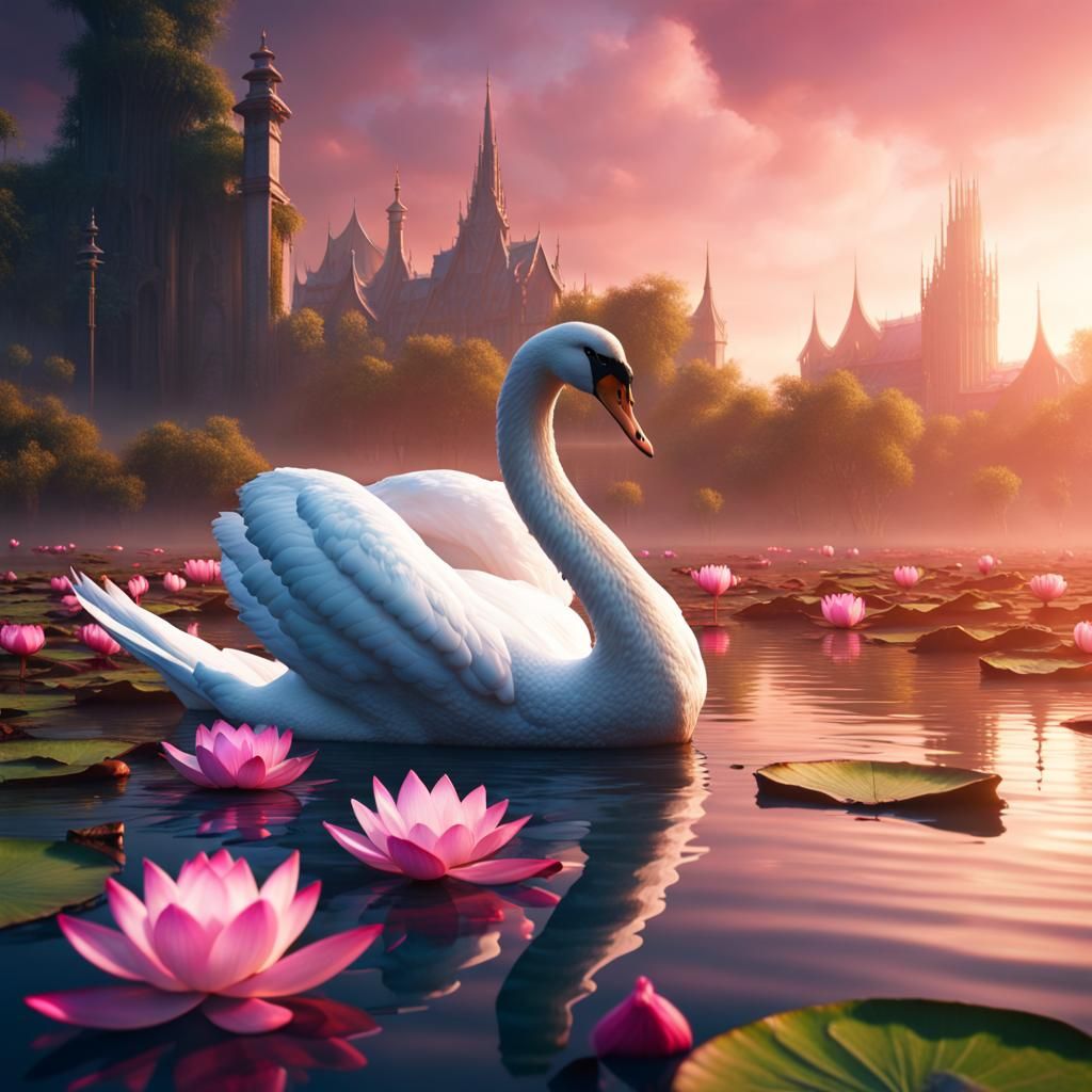 Beautiful Swan in a lotus lake