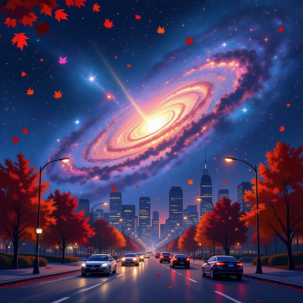 Cityscape Merging with Galaxy in Maximalist Style