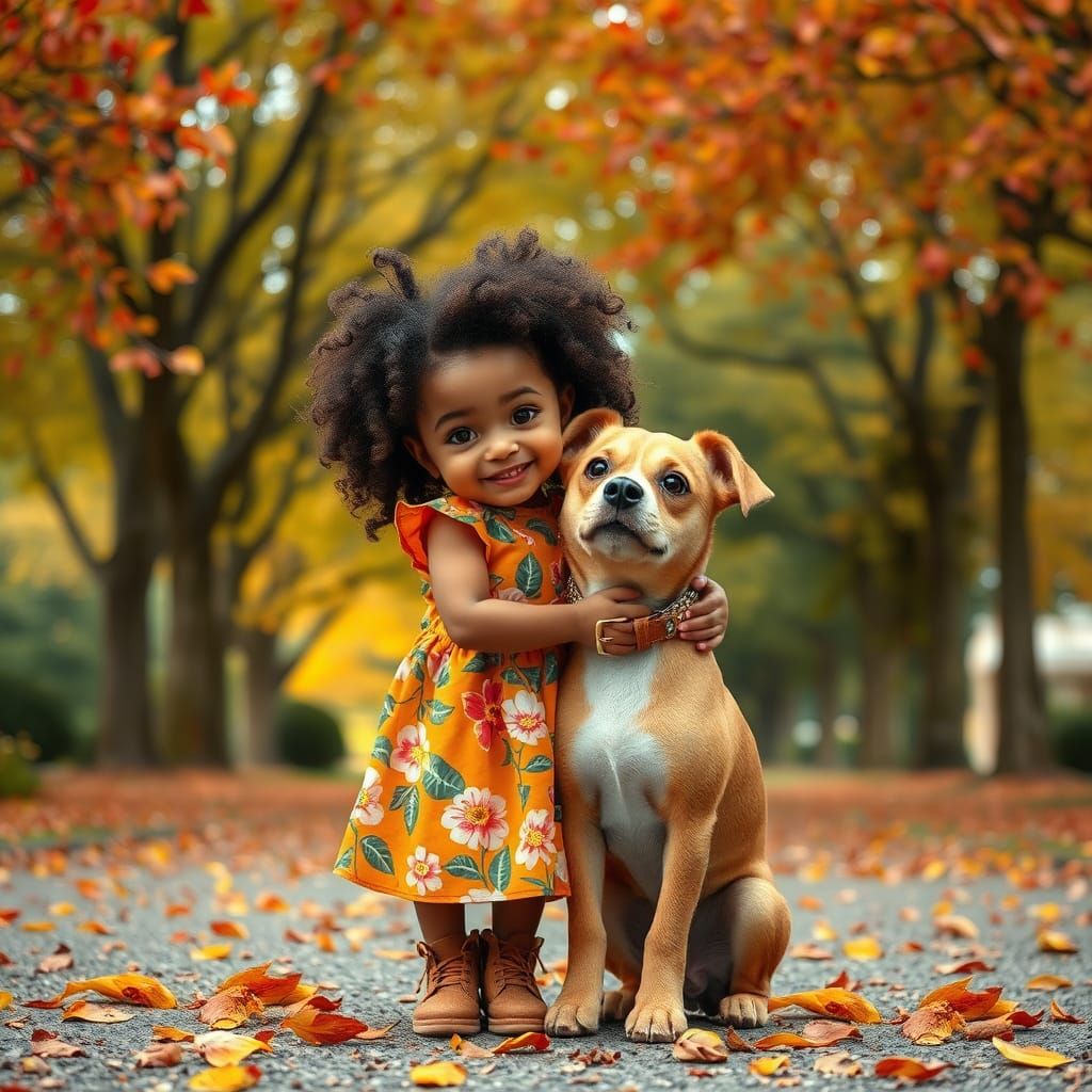 Girl and Dog Embrace in Autumn Park, 3D Render