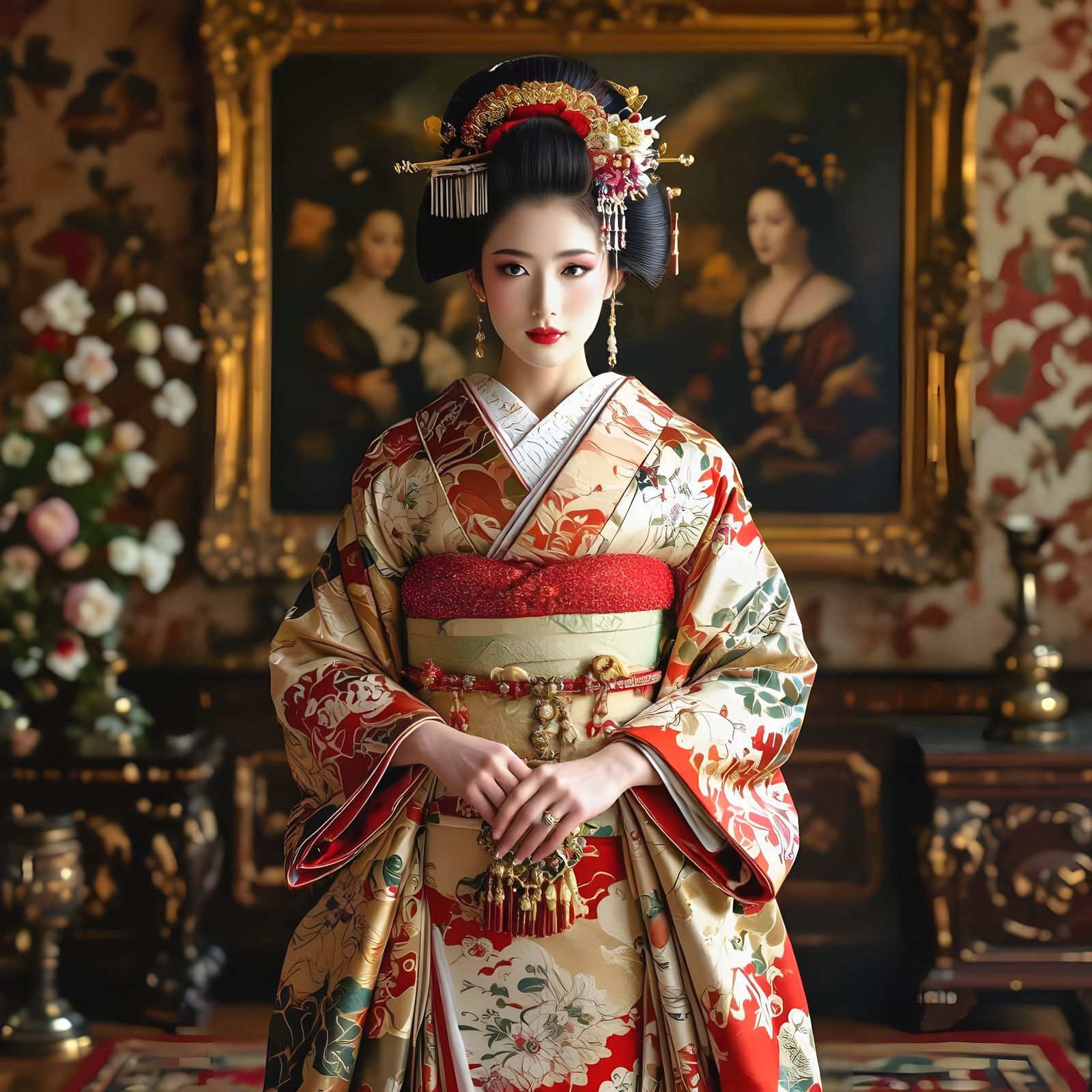 Geisha in Renaissance Room: Photorealistic Cultural Fusion