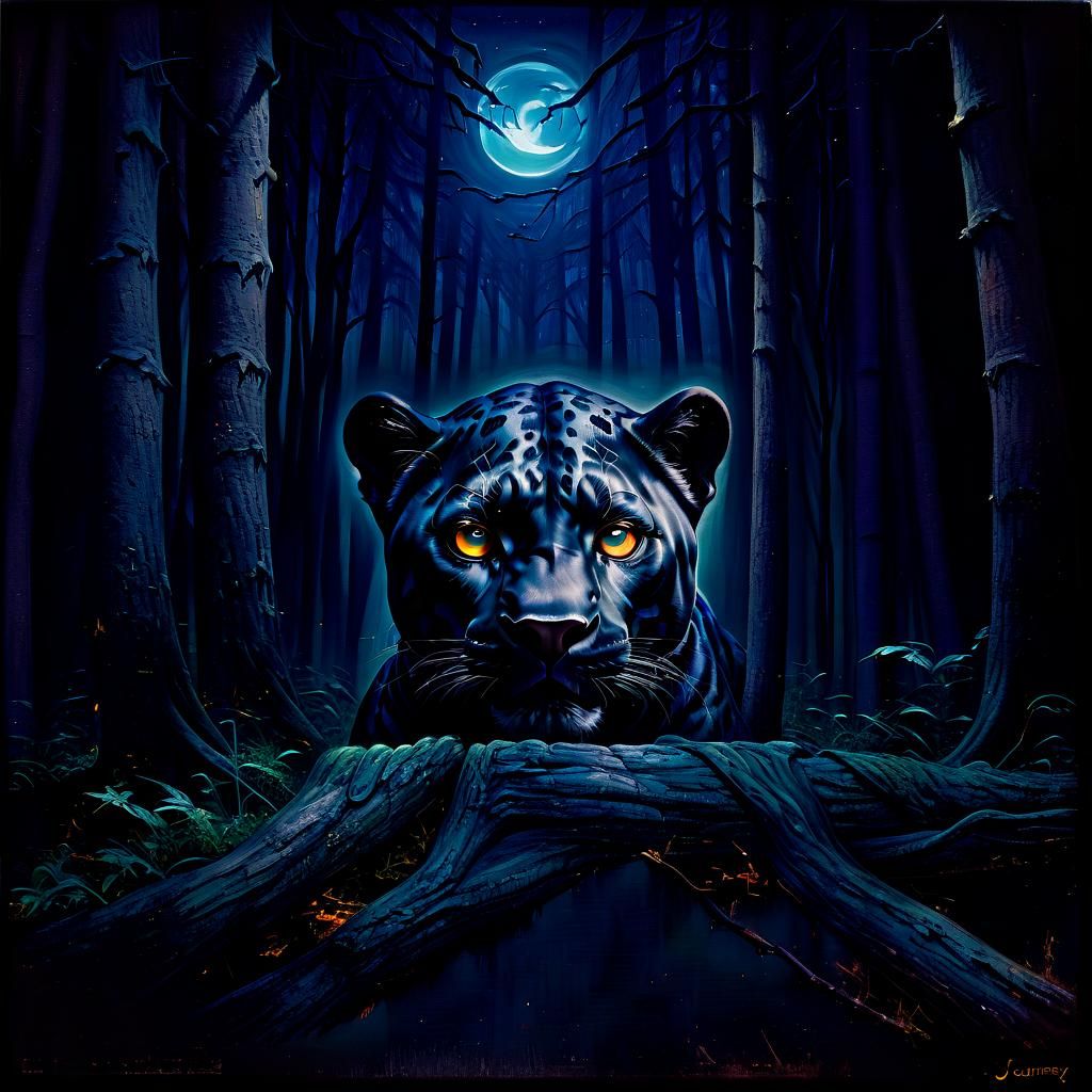 Panther Eyes in Shadowy Forest at Night