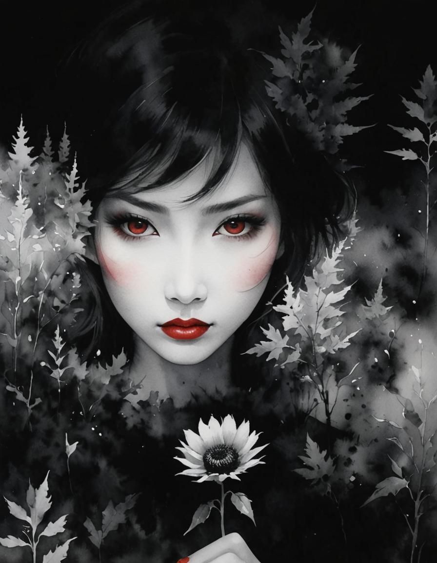 Mystical Woman in Floral Landscape: Line Art Masterpiece