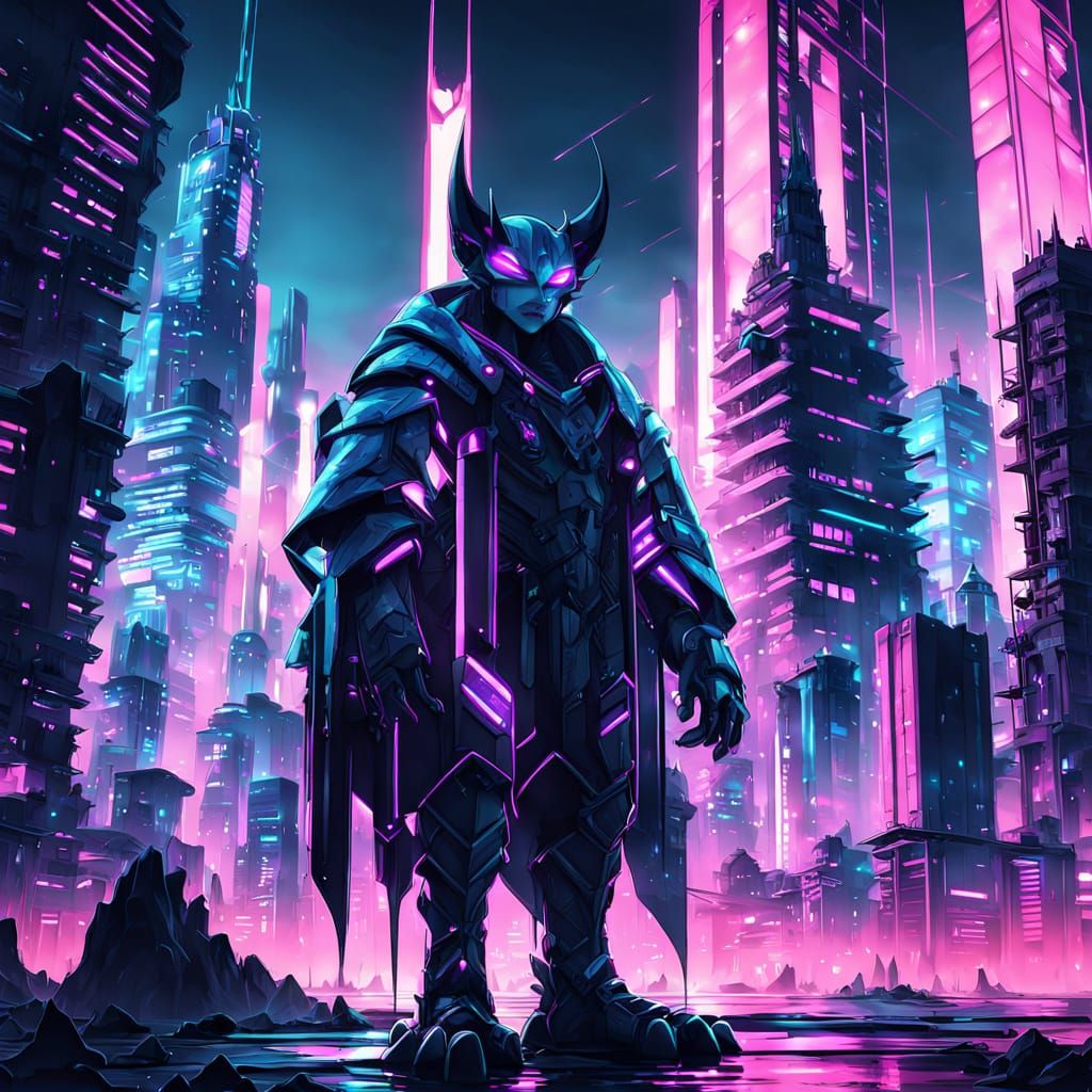 Cyborg Vampire Stands atop Futuristic Cityscape in Cyberpunk...