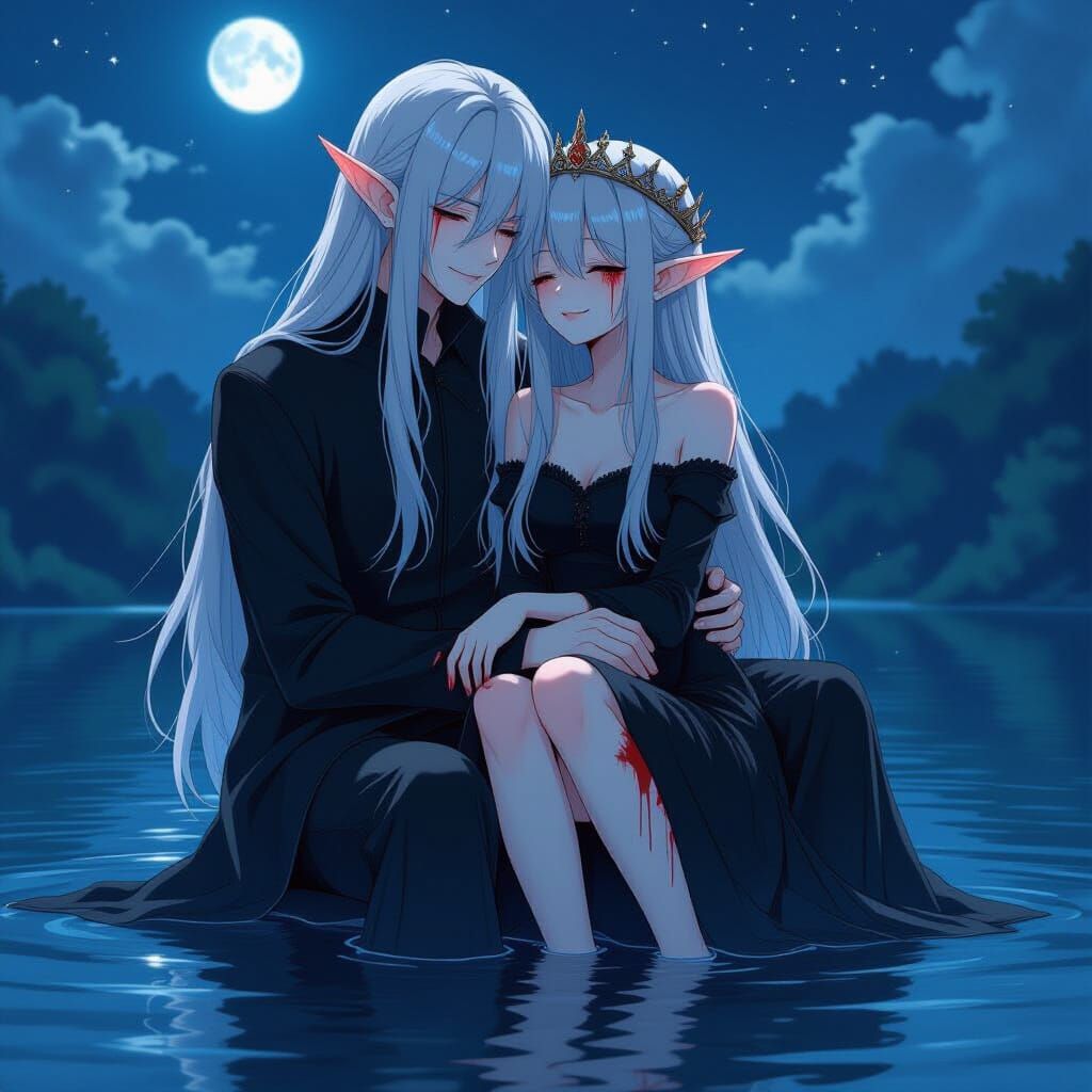 Anime Girl and Elf Man in Serene Embrace