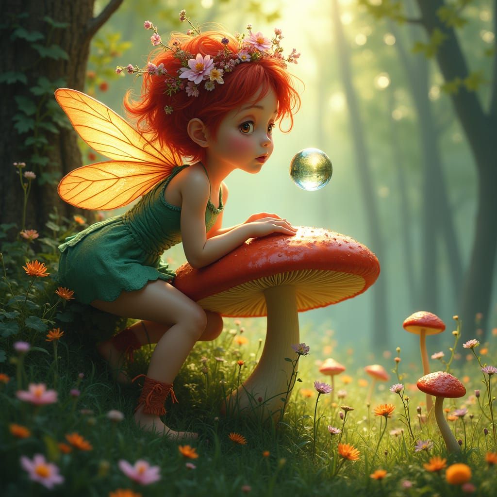 Forest Sprite Blowing Magical Landscape Bubbles