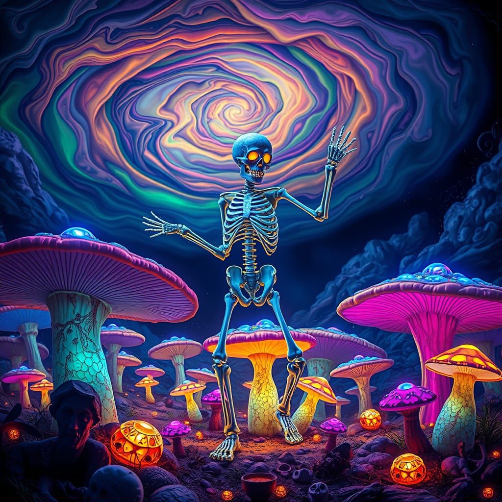 Bioluminescent Skeleton Dance in Psychedelic Mushroom Field