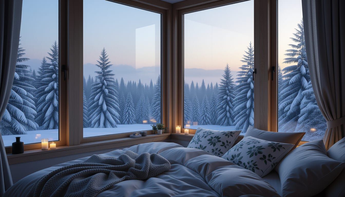 Cozy Bedroom Overlooking Snowy Pine Forest