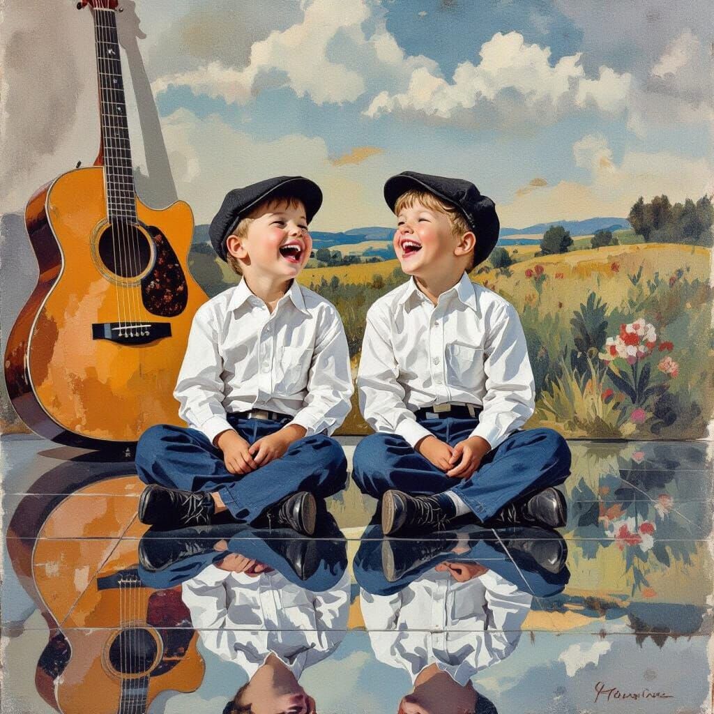Children Laughing in Mirrored Room, Watercolor Style