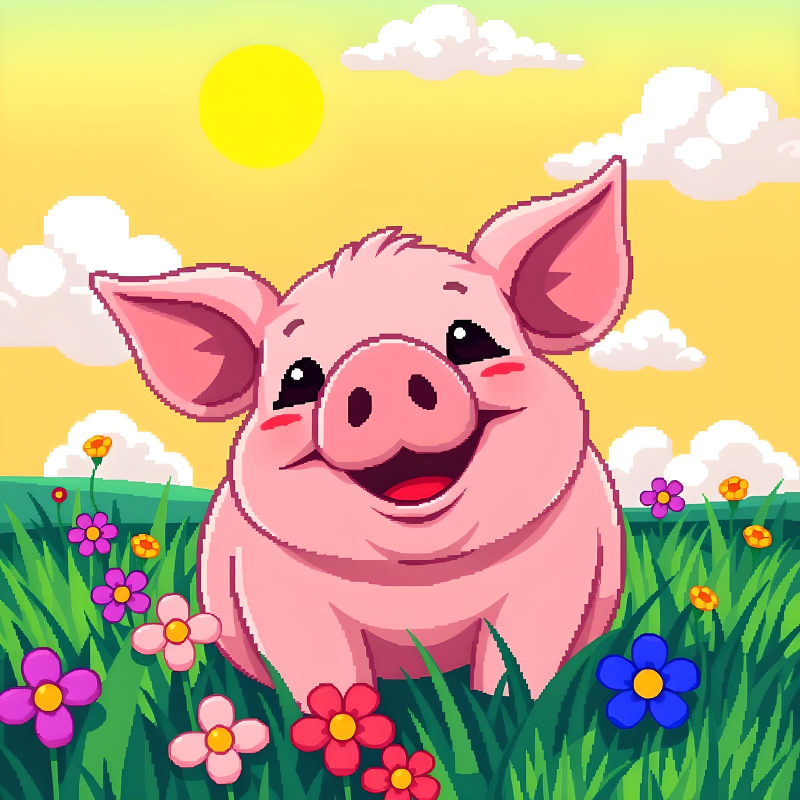 Happy Pig in Pixel Art on Sunny Day