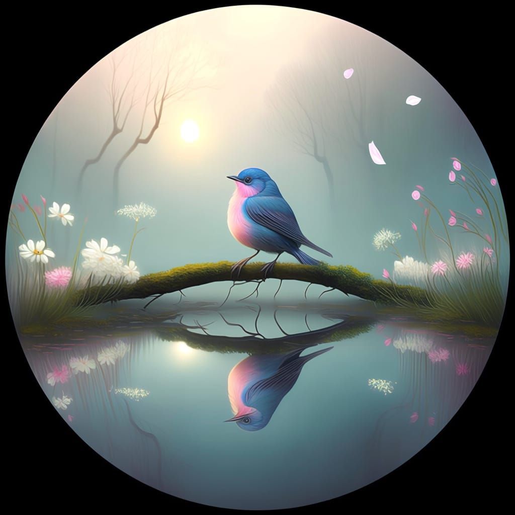 Dreamlike Forest Dawn with Blue and Pink Bird