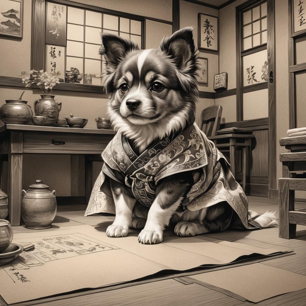 Chibi Puppy Pencil Art in Japanese Inn