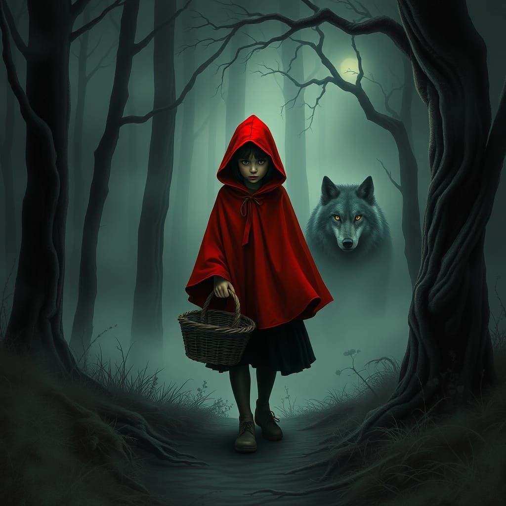 Little Red Riding Hood in a Haunting Twilight Forest