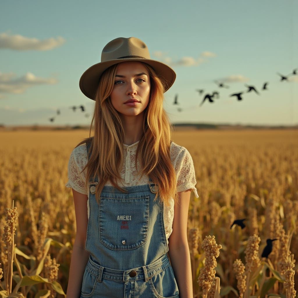 Woman with Scarecrow Blueprints in Van Gogh Style