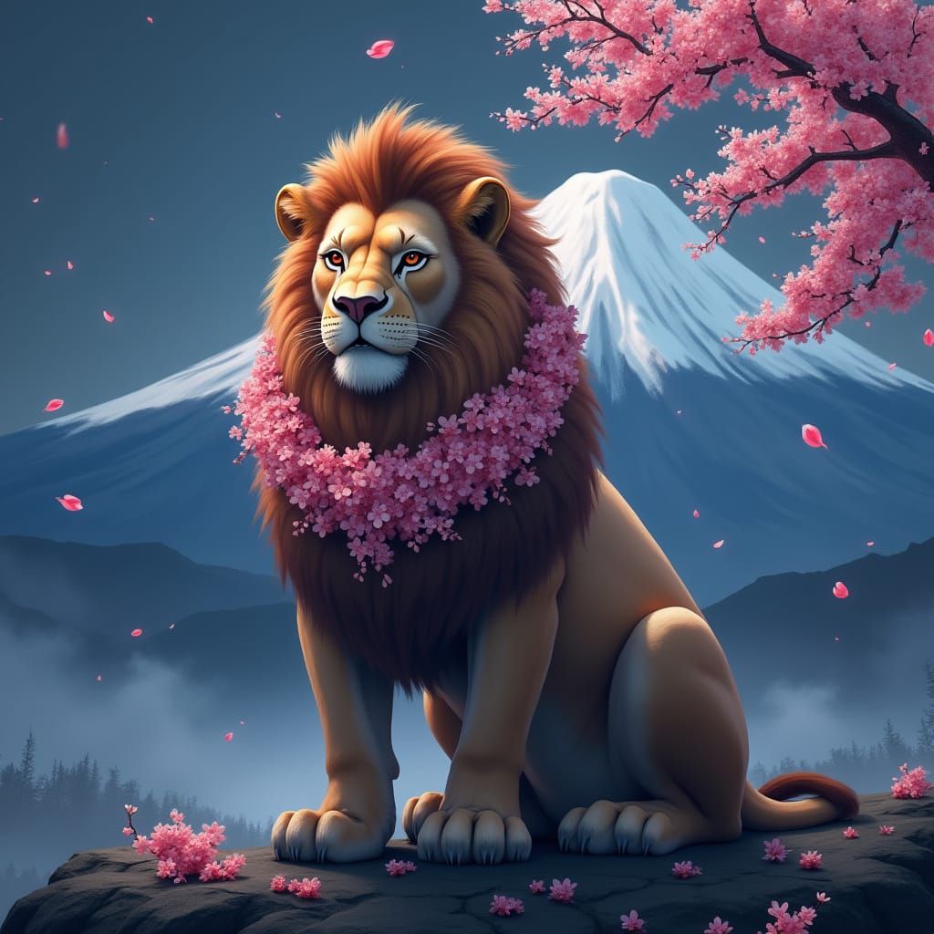Regal Lion Stands Majestically Before Mount Fuji, Adorned wi...