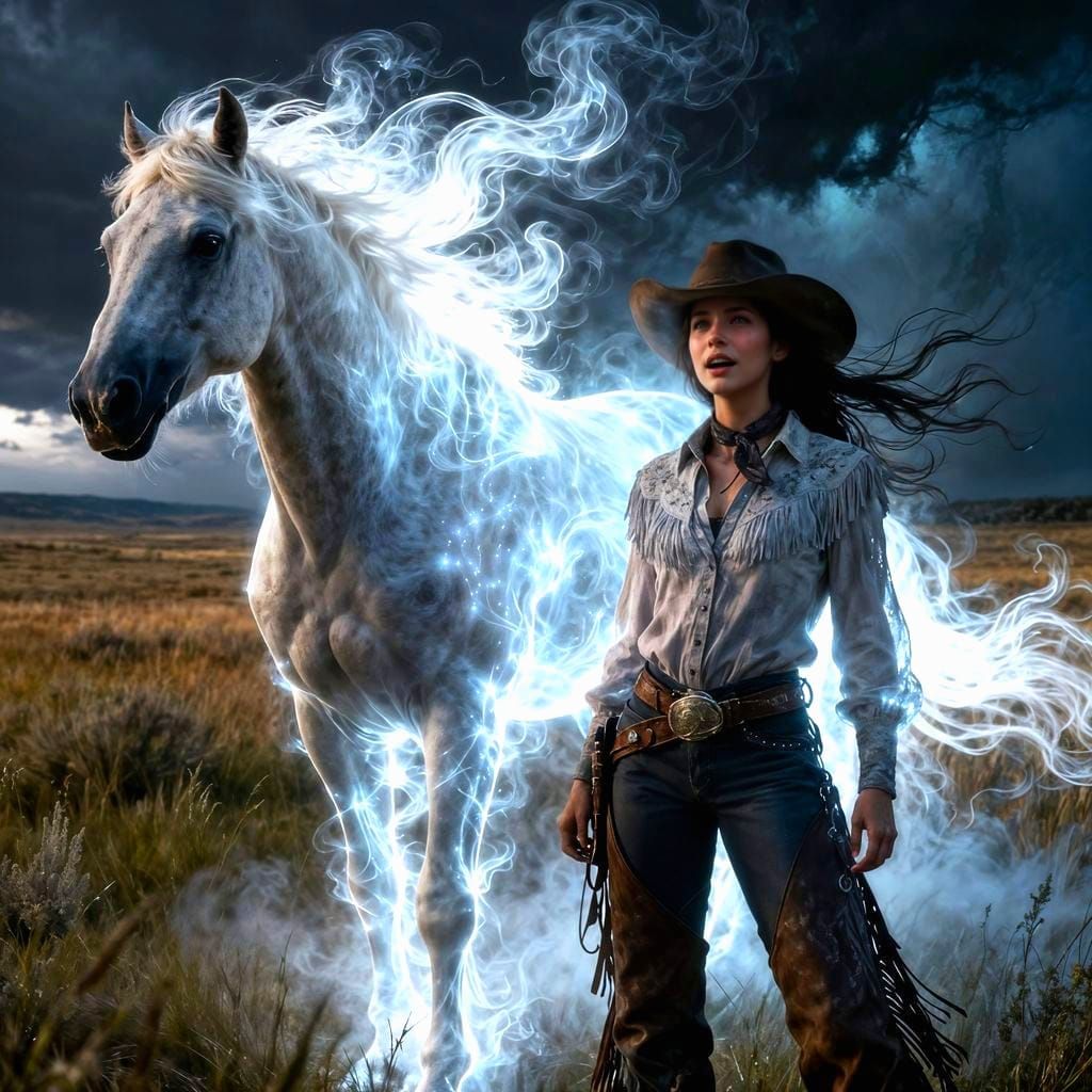 Cowgirl and Horse in Windy Prairie, Dark Fantasy Art