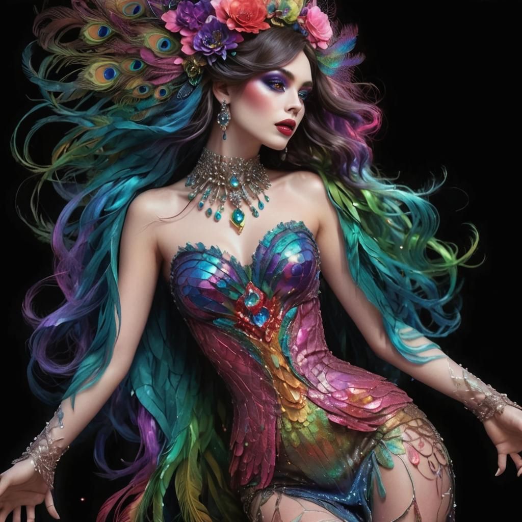 Rainbow Woman with Peacock Hair: 3D Digital Art