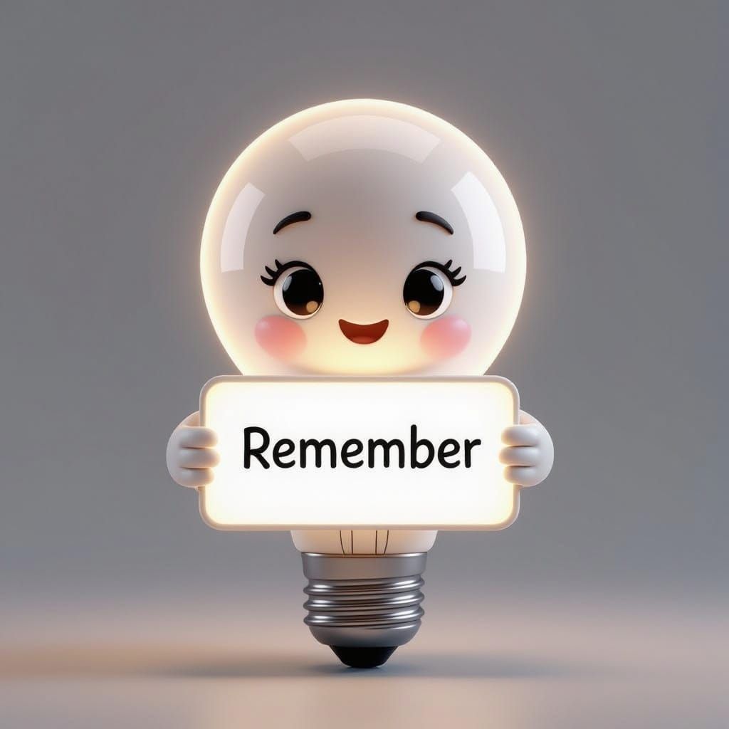 Cute Pixar-Style Light Bulb Character Holding 'Remember' Sig...