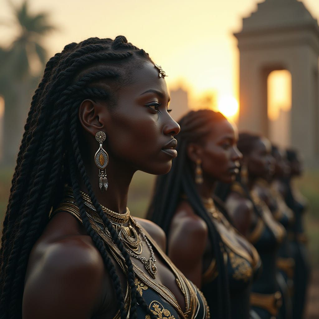 Ebony Warriors Emerge from Tropical Ruins in Dramatic Light