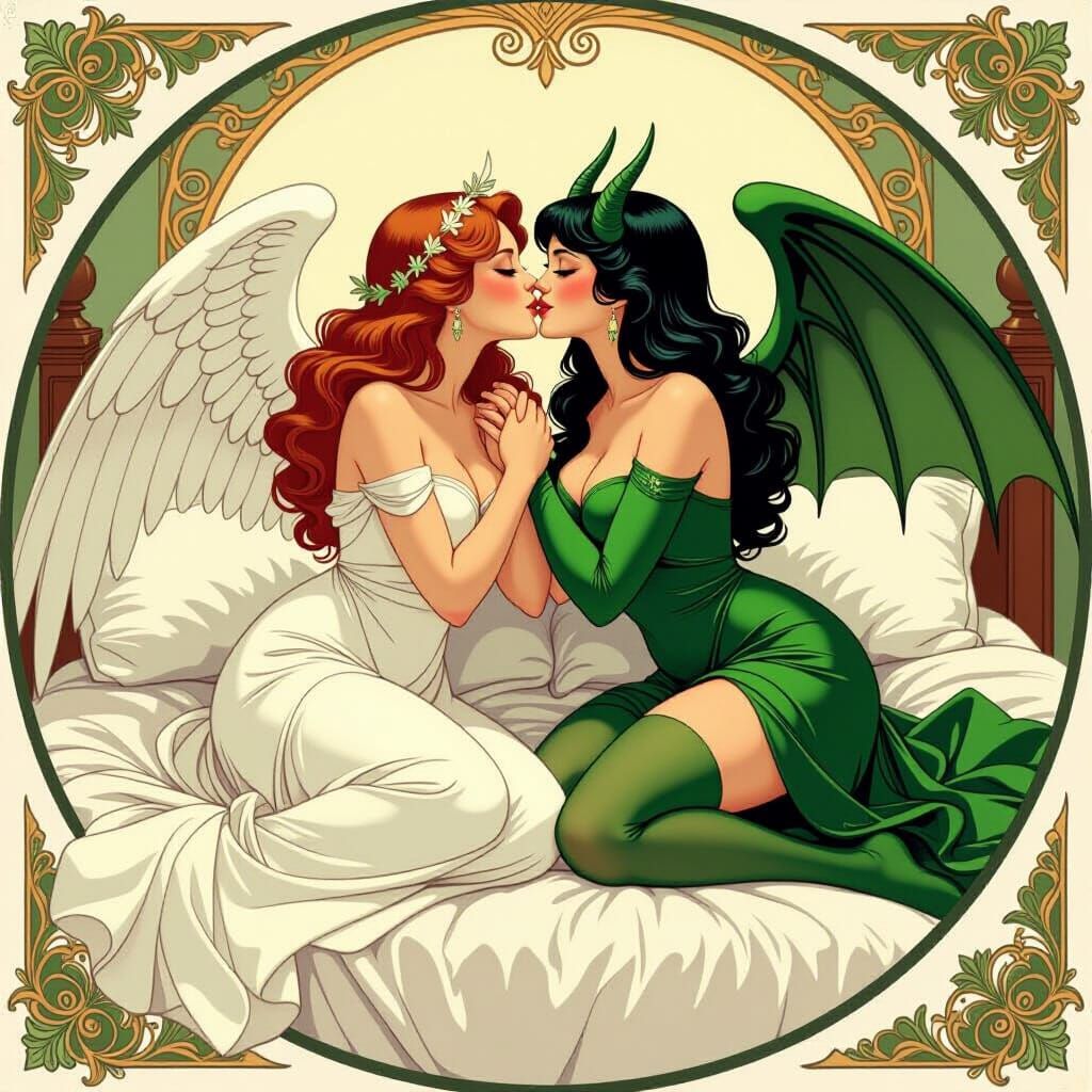 Romantic Angel and Demon Ladies Kissing in Art Nouveau Style