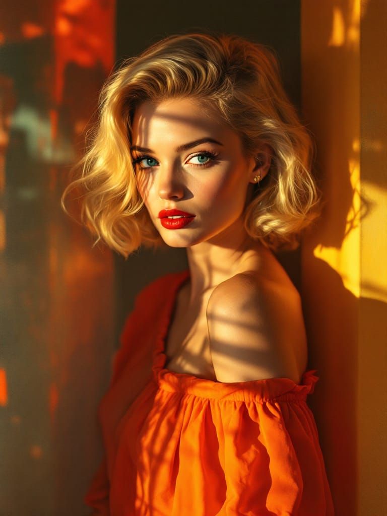 1950s Pin-Up Woman in Warm Light and Shadow