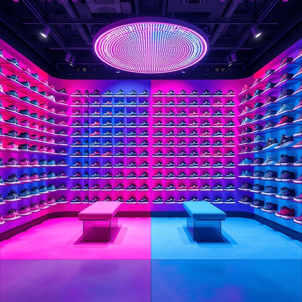 Vibrant Shoe Store Interior in Stunning Pink and Blue