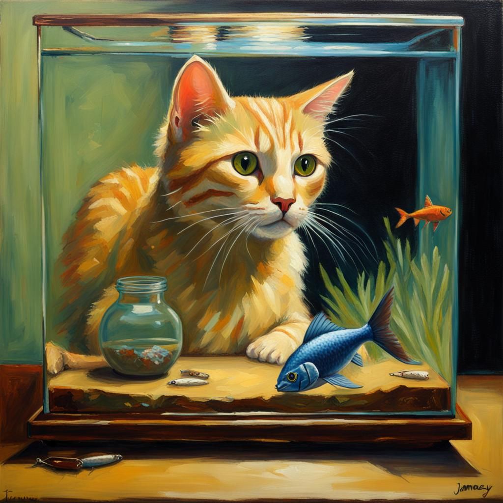 Cat Gazing at Fish Tank, Oil Painting
