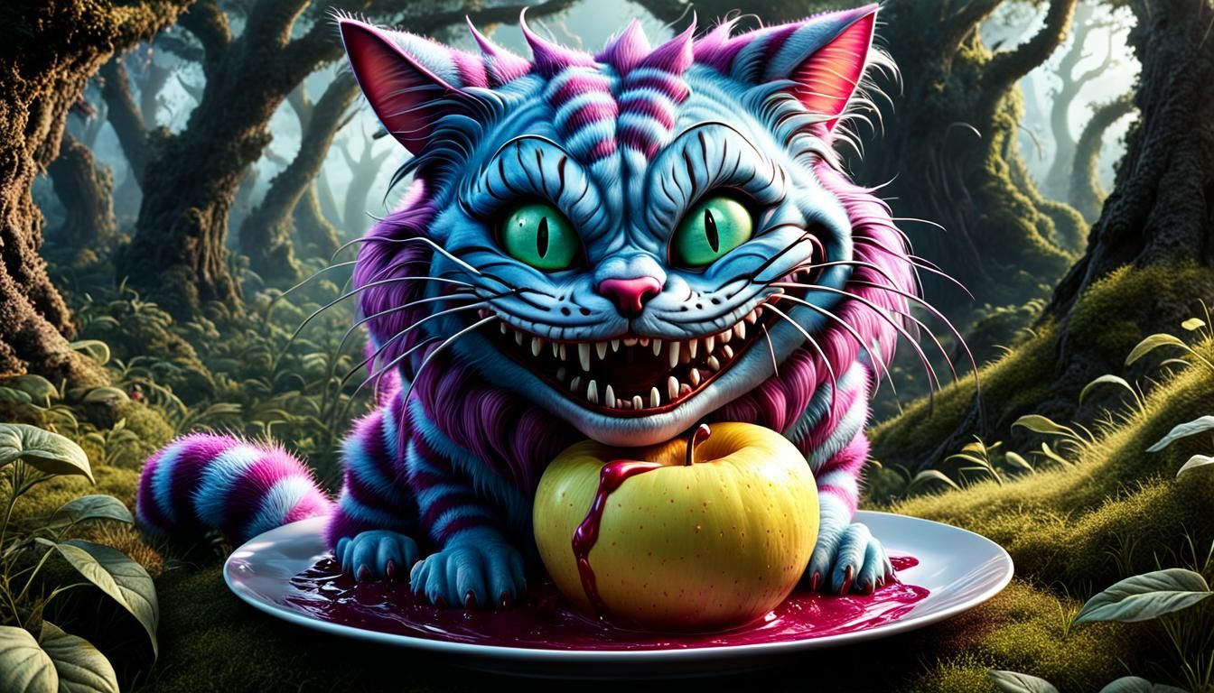 Hyperrealistic, lucid dream, salvadore dali style, Rabid Zombie cheshire cat LOOKING AT AN apple Iphone, chocolate gra...