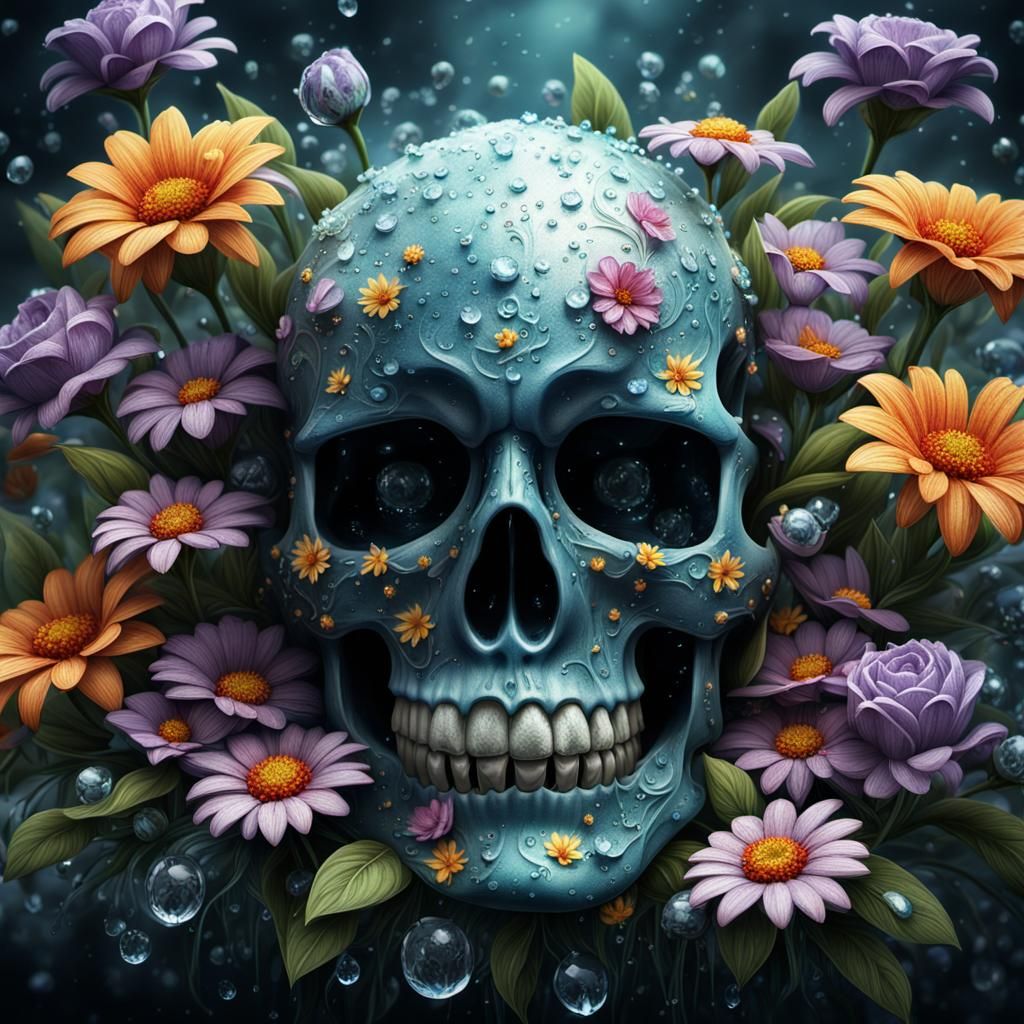 Dew-Kissed Skull: A Fantastical Floral Matte Painting