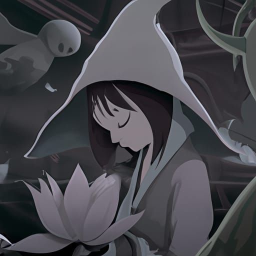 gray black white lotus flower plague doctor girl kawaii
