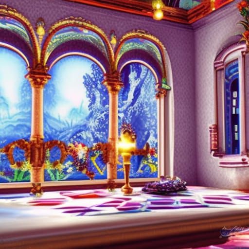 Magical Room with Colorful Crystals in Fantasy Art