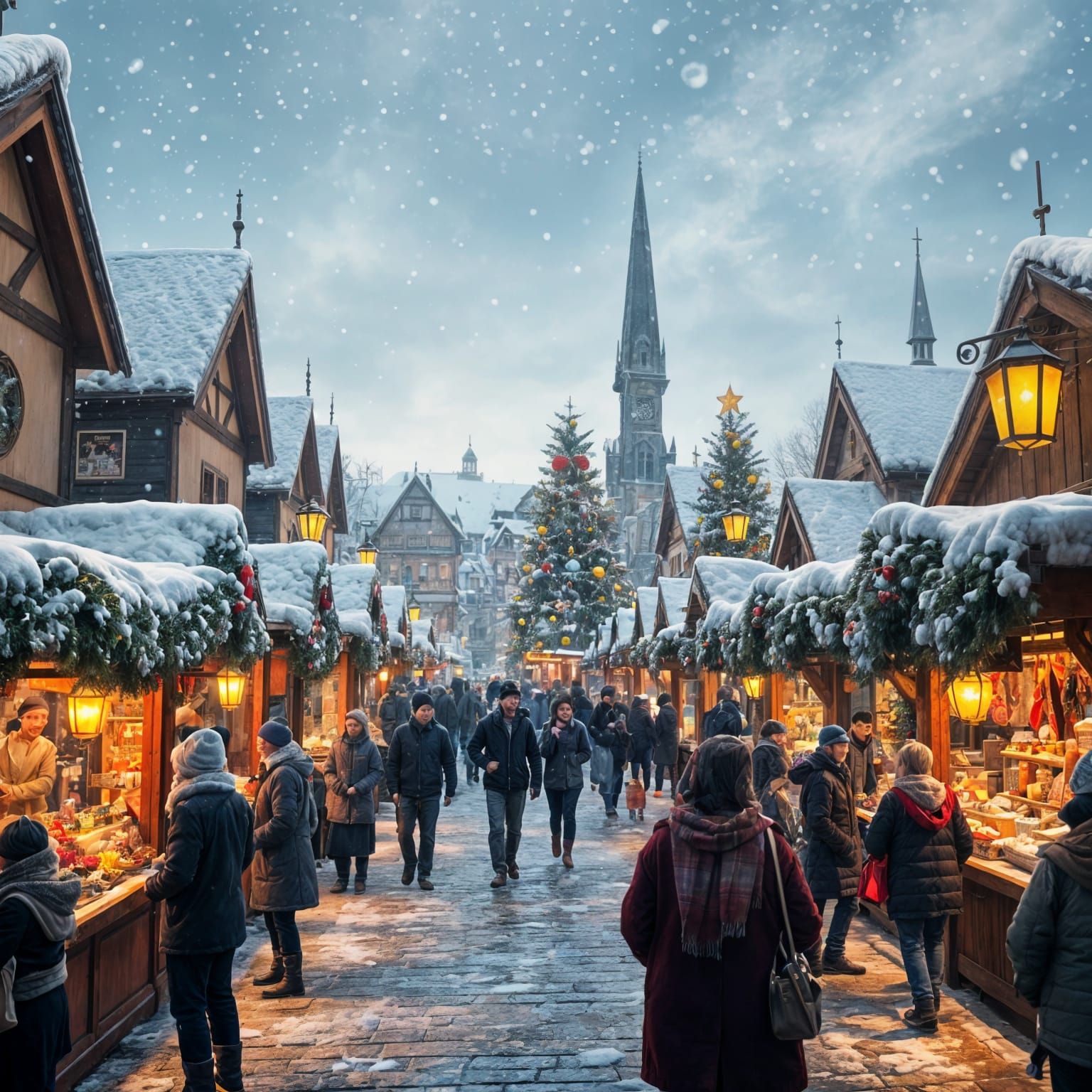 Festive Winter Market in Snowy Town Square