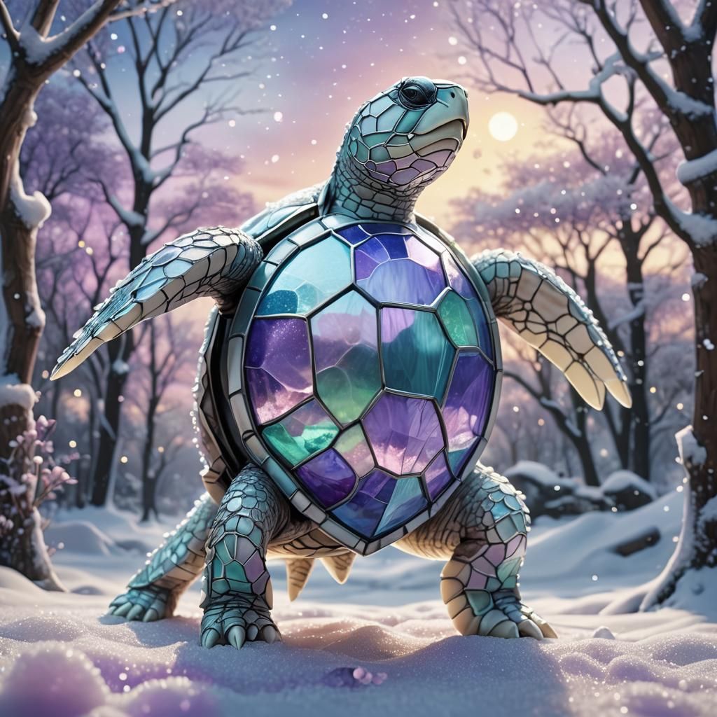 Stained Glass Turtle in Winter Wonderland