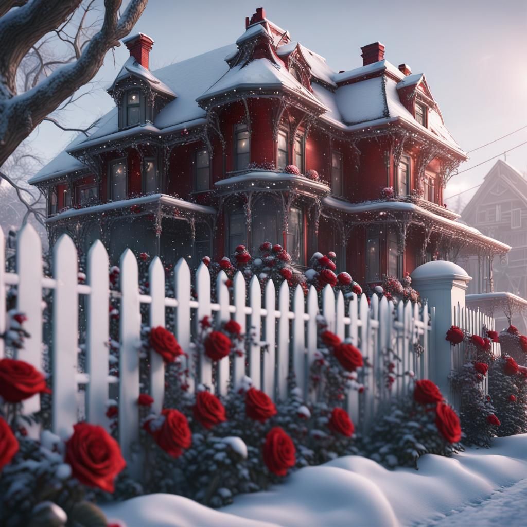 Picket fence with snow covered red roses in front of a Victorian house