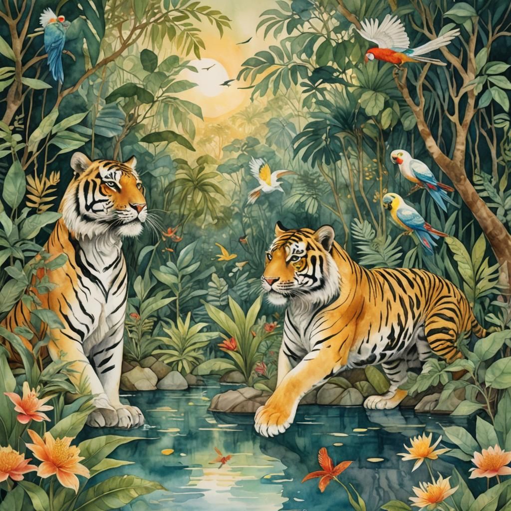 Tigers in Jungle Lagoon: Watercolor Illustration