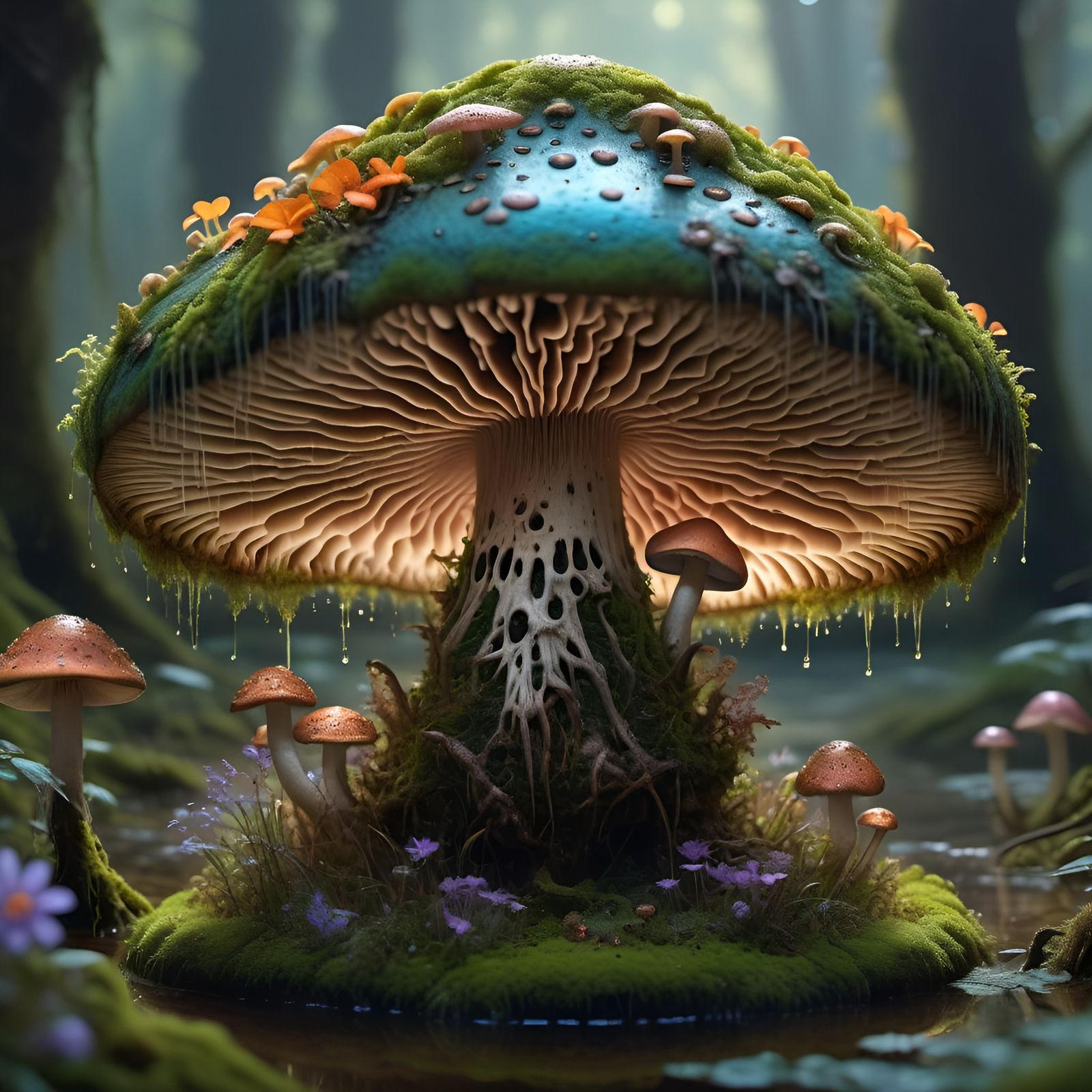 Ornate Swamp Mushroom Mandala in Detailed Fantasy Art