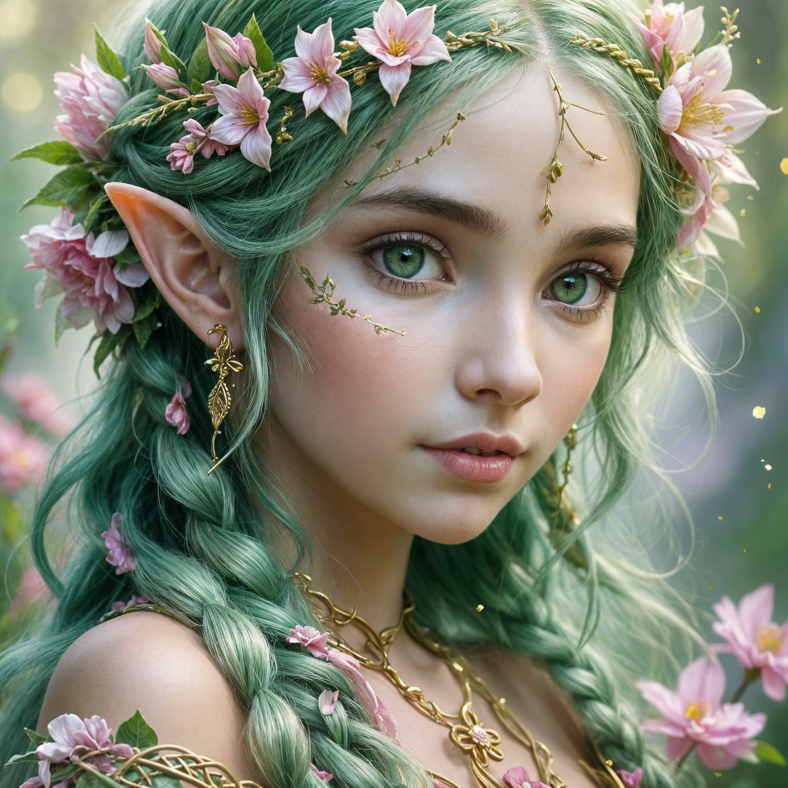 Ethereal Elf with Green Hair and Flower Braid