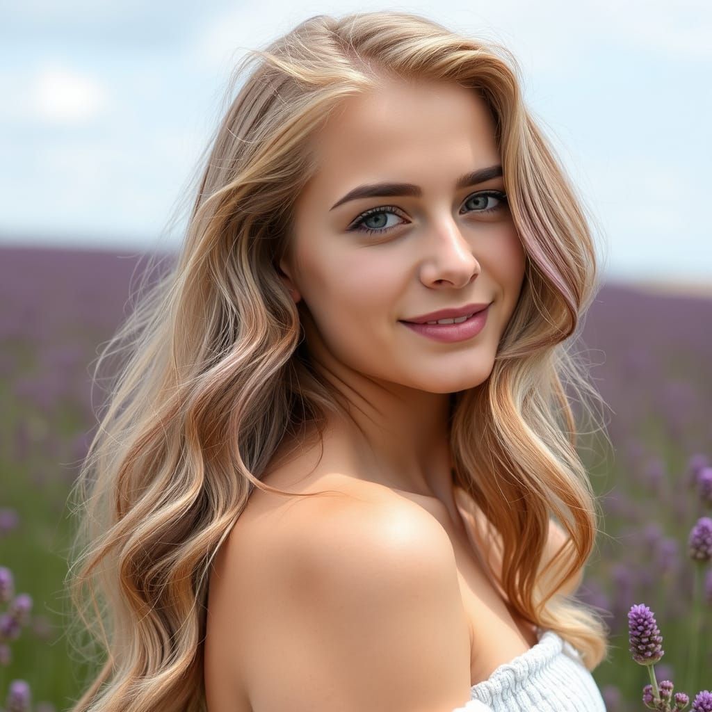 Young Woman in Heather Field with Blonde Hair