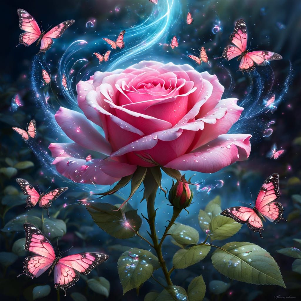 Luminous Pink Rose with Sparkling Butterflies