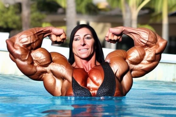 Female Bodybuilder Flexing Biceps at Pool