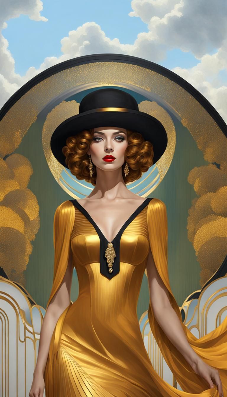 Art Deco Woman in Gold Dress with Psychedelic Elements