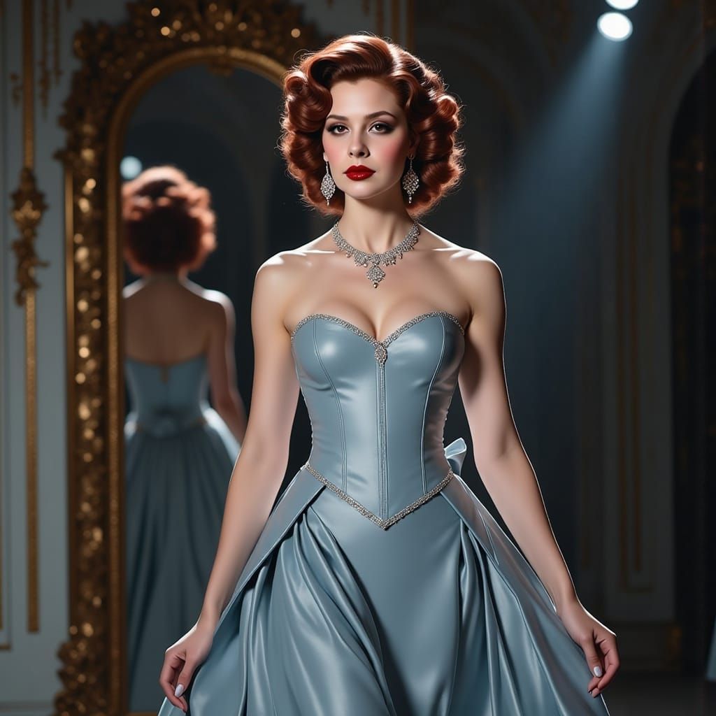 Elegant Woman in Dior-Inspired Gown on Catwalk