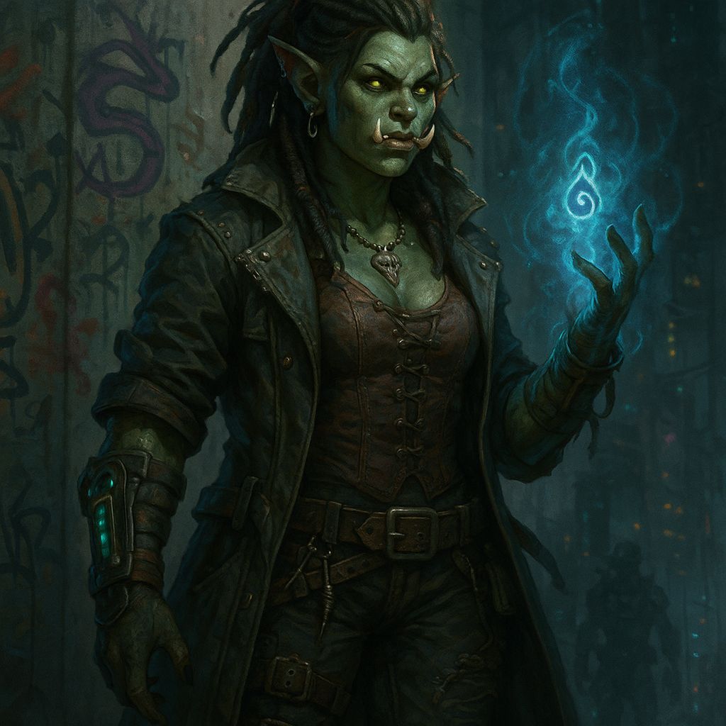 Shadowrun Female Ogre Spellcaster in Cyberpunk Style