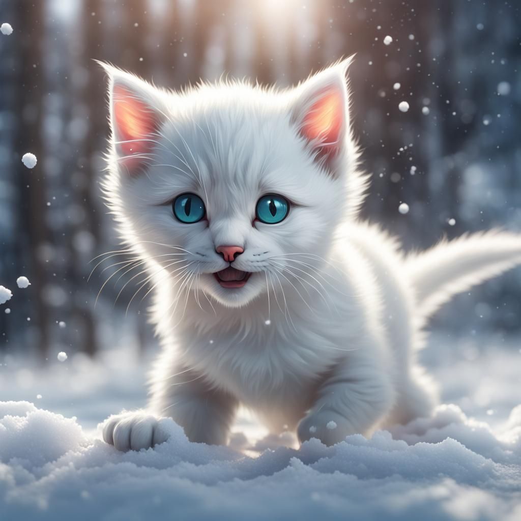 Cute Kitten Plays in Snow: Fantasy Concept Art