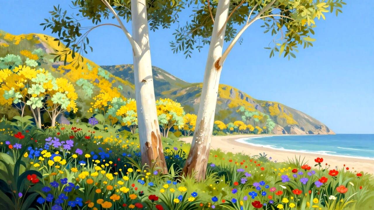 Eucalyptus Trees Before Vibrant Garden and Seashore